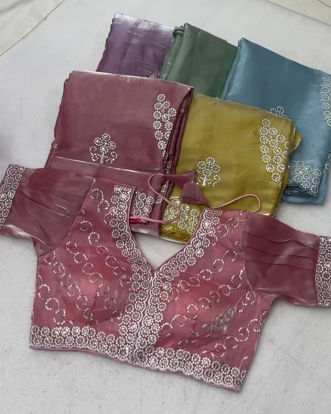 Pink Silky Organza Saree with Beads and Self Blouse Fabric