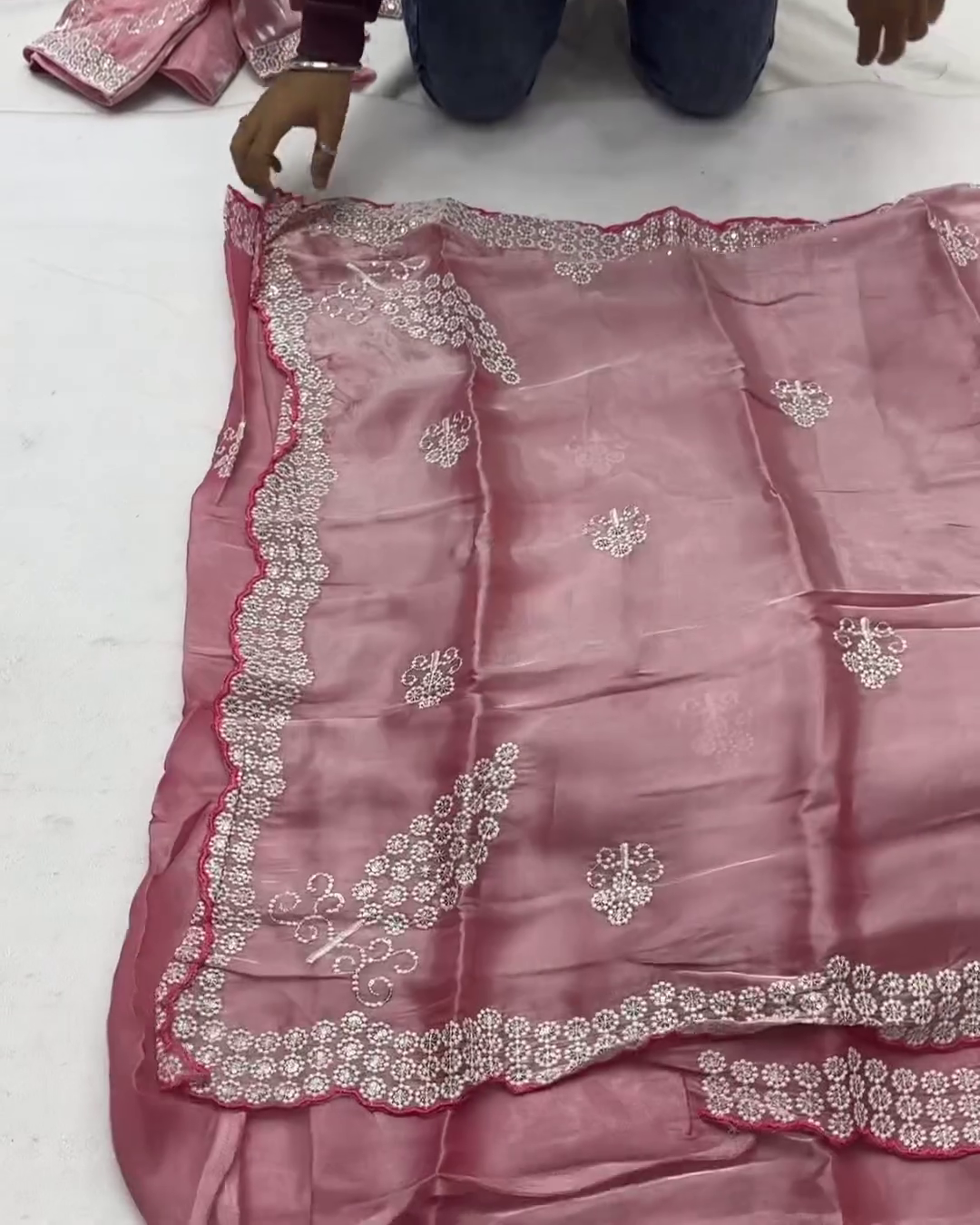 Pink Silky Organza Saree with Beads and Self Blouse Fabric