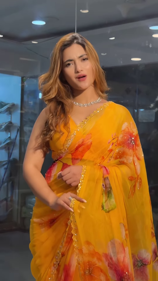 Yellow Chiffon Printed Saree