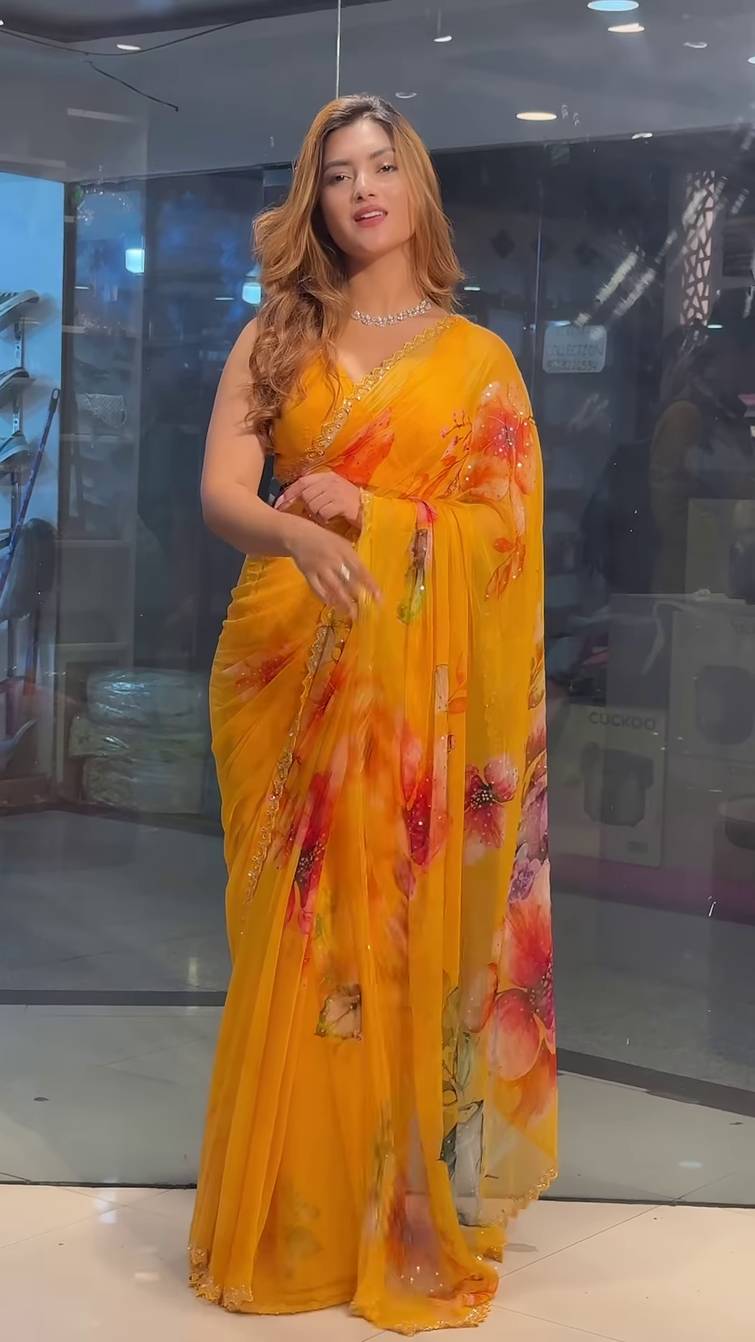 Yellow Chiffon Printed Saree