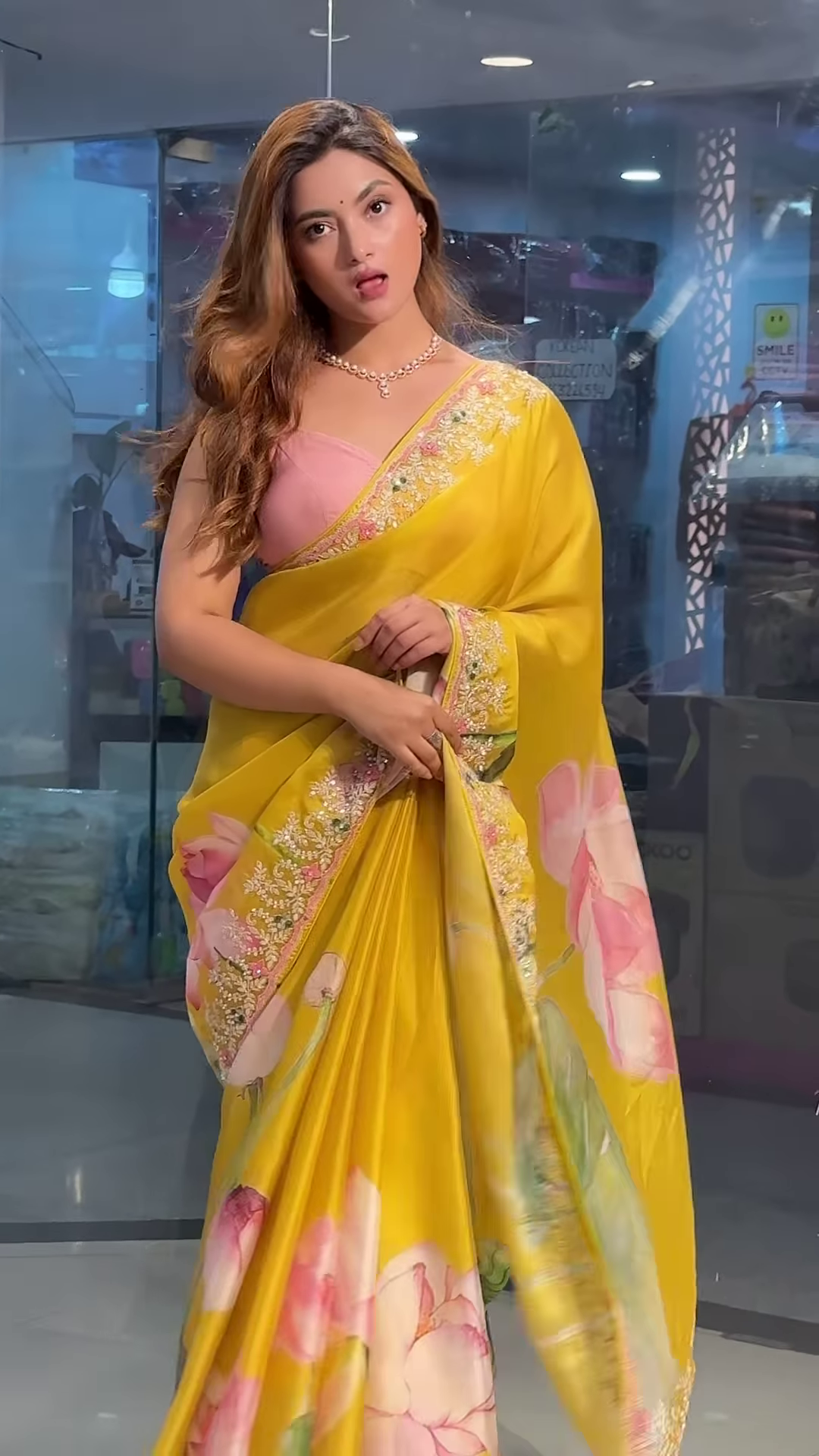 Yellow Tussar Saree With Handwork Floral Border