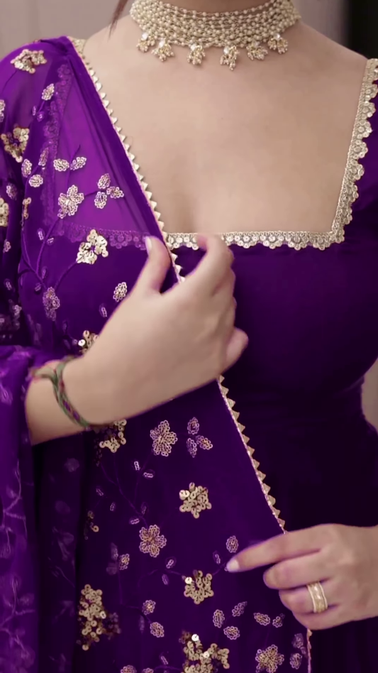 heavy purple anarkali set with embroidered dupatta