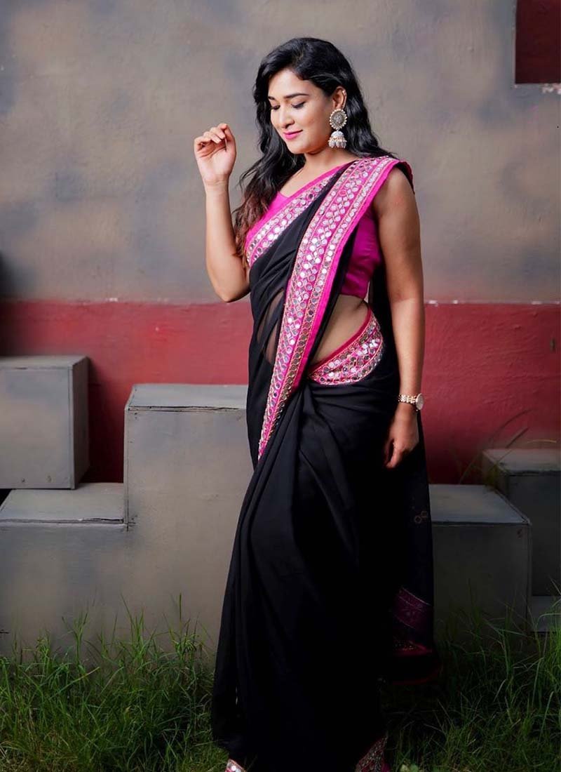 Black Designer Fancy Thread Paper Mirror Work Saree