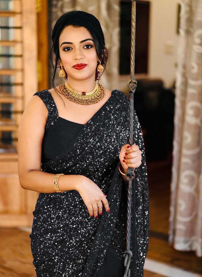 Black Color Sequence Work Partywear Saree